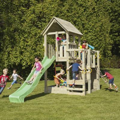 wooden blue rabbit playtower penthouse with girl on apple green slide and boy climbing net