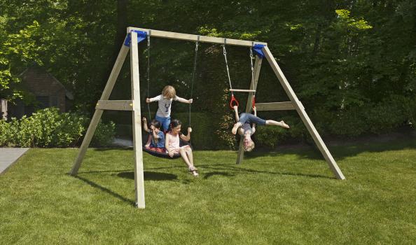wooden blue rabbit free standing swing freeswing with children on swibee nestswing and trapeze