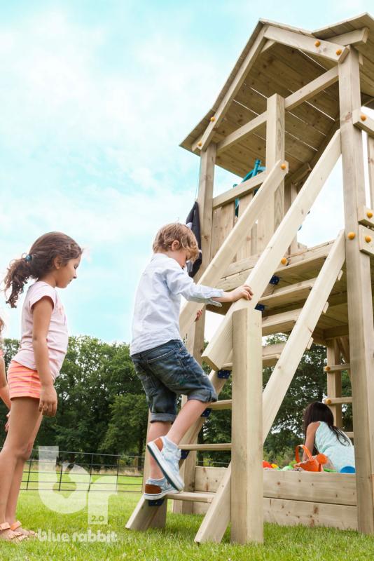 wooden Blue Rabbit 2.0 @steps module with boy climbing the stairs