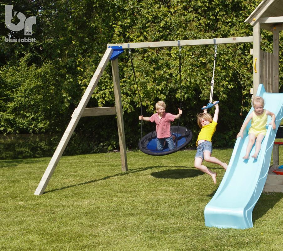 @wooden blue rabbit addon swing for playtower with swibee and girl hanging on ventolino