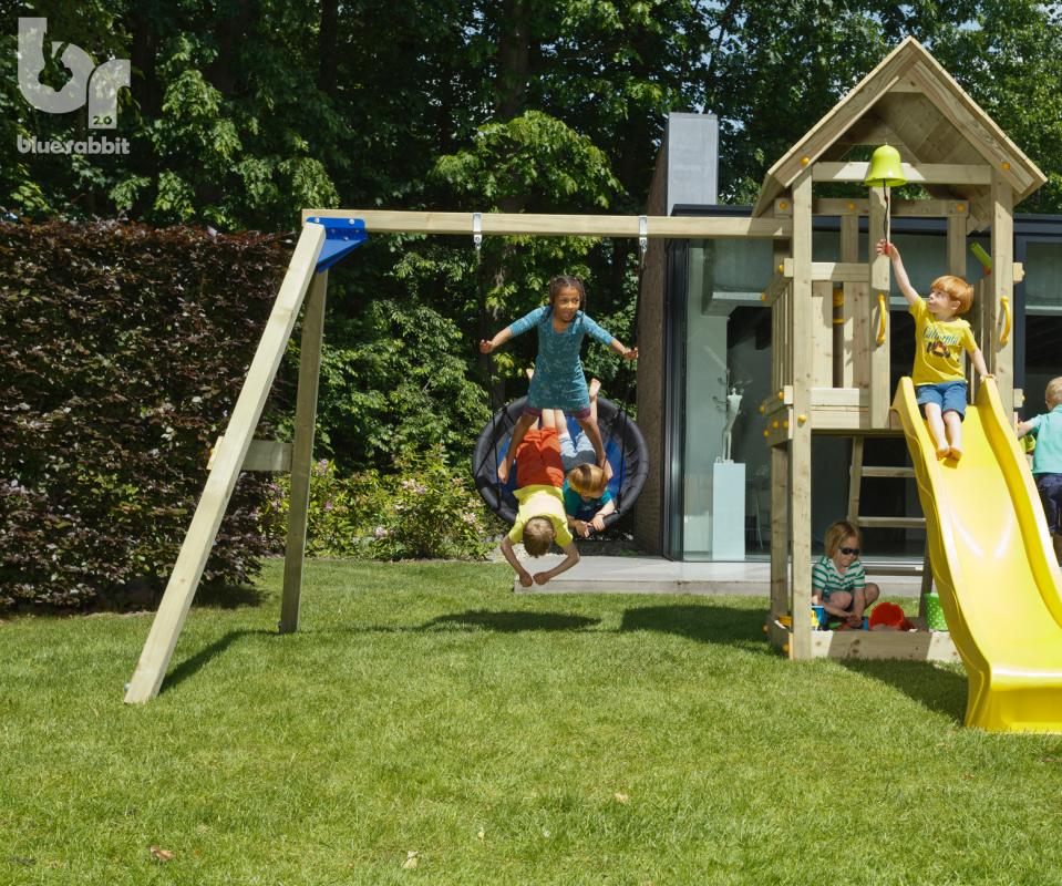 wooden blue rabbit addon swing for playtower with children in nestswing swibee