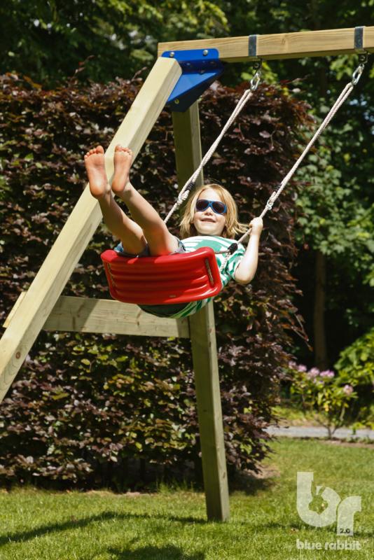 wooden blue rabbit addon swing for playtower with boy with sunglasses on swingseat 