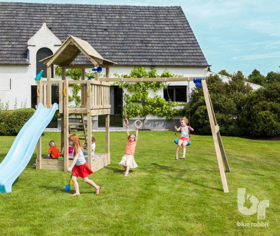 wooden blue rabbit addon swing for playtower with children playing