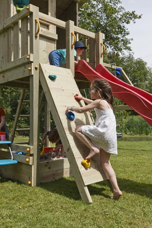 wooden blue rabbit climbing wall for playtower with girl climbing on stones