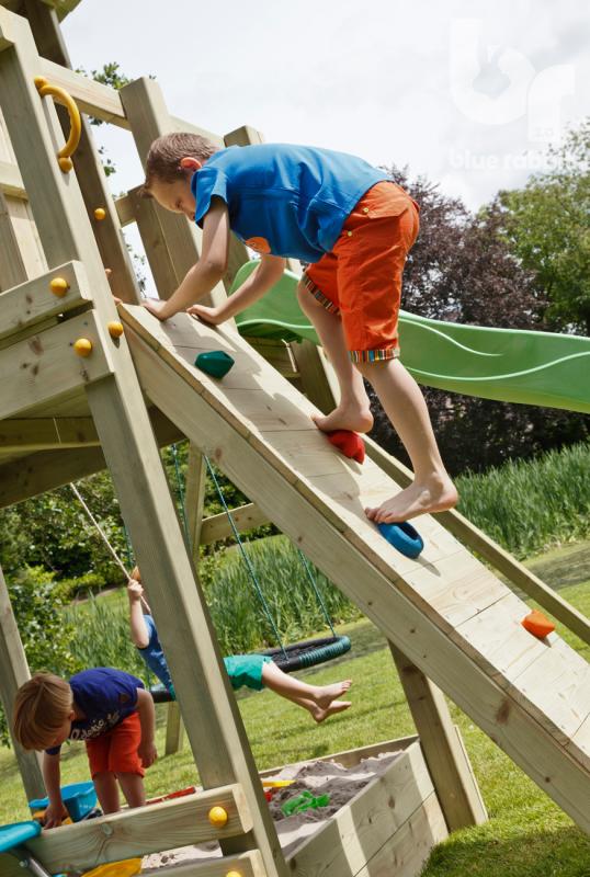 wooden blue rabbit climbing wall for playtower with boy climbing on stones