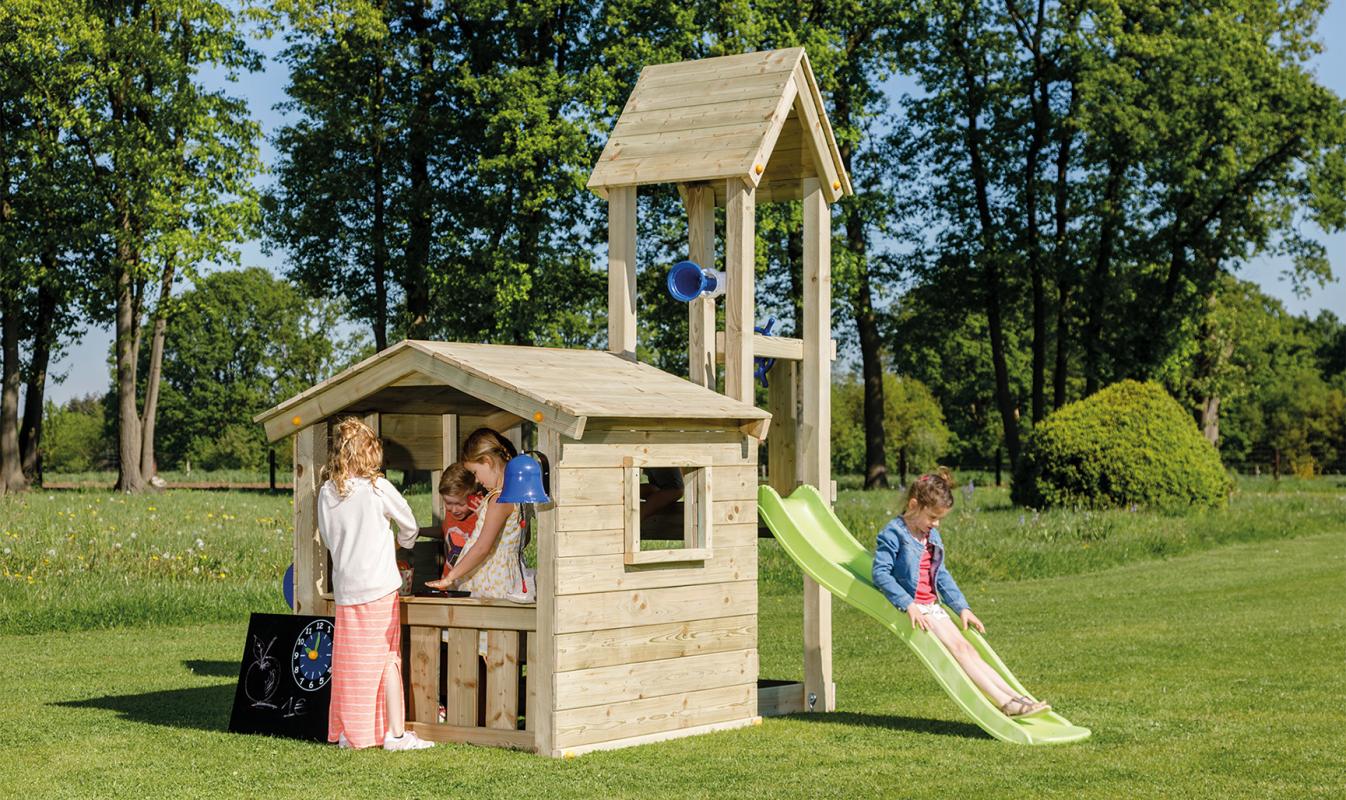 wooden blue rabbit playtower lookout with shop and slide