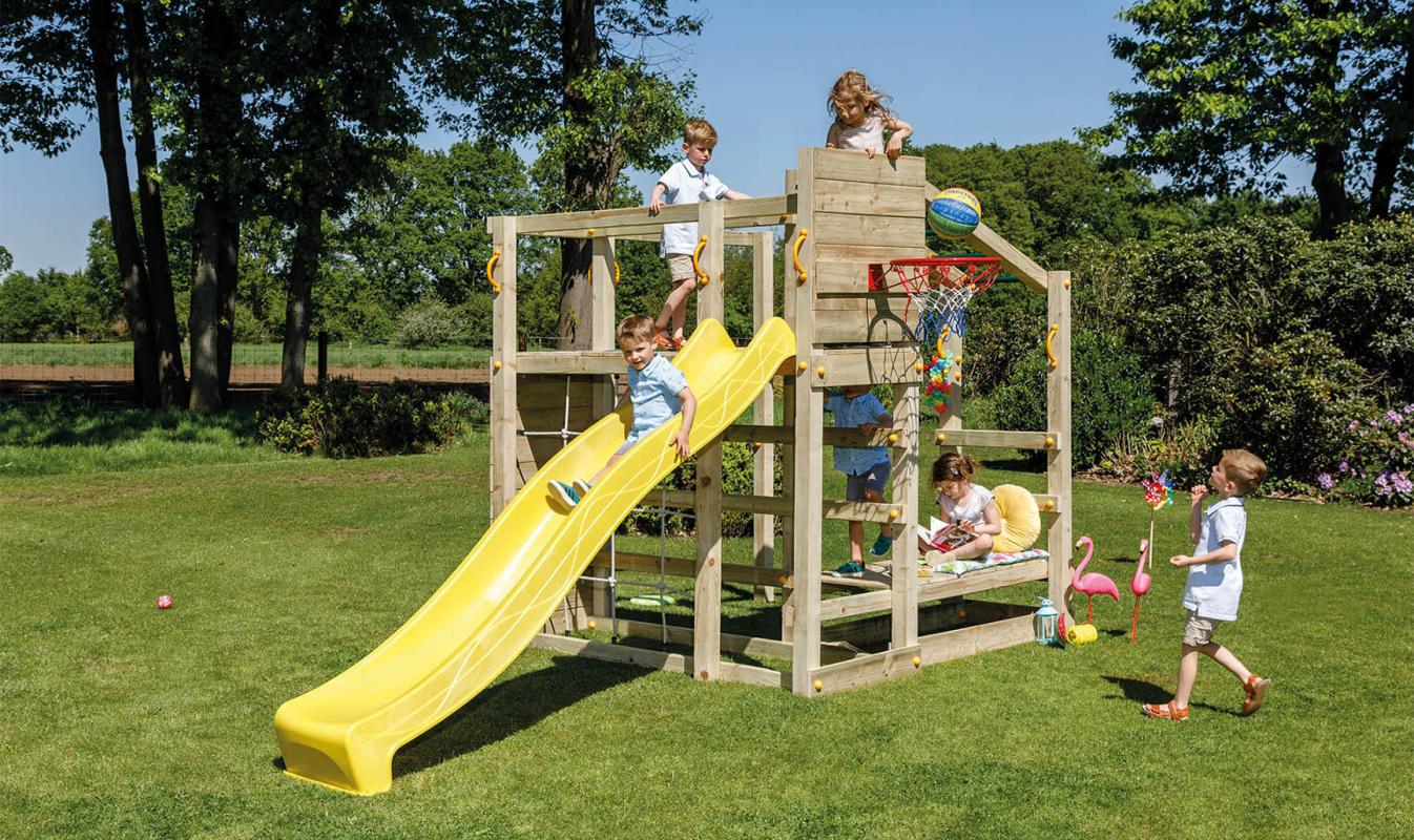 wooden blue rabbit playtower crossfit with tumbler bar and slide