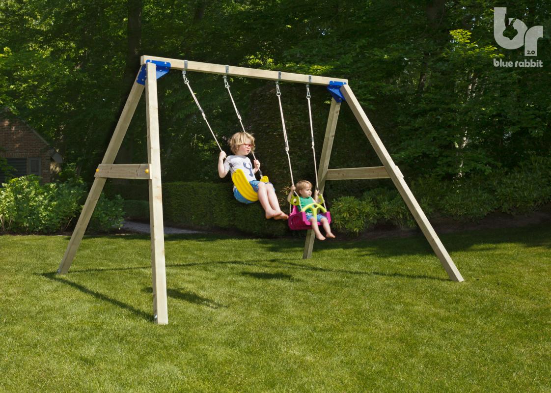 wooden blue rabbit free standing swing freeswing with children swinging