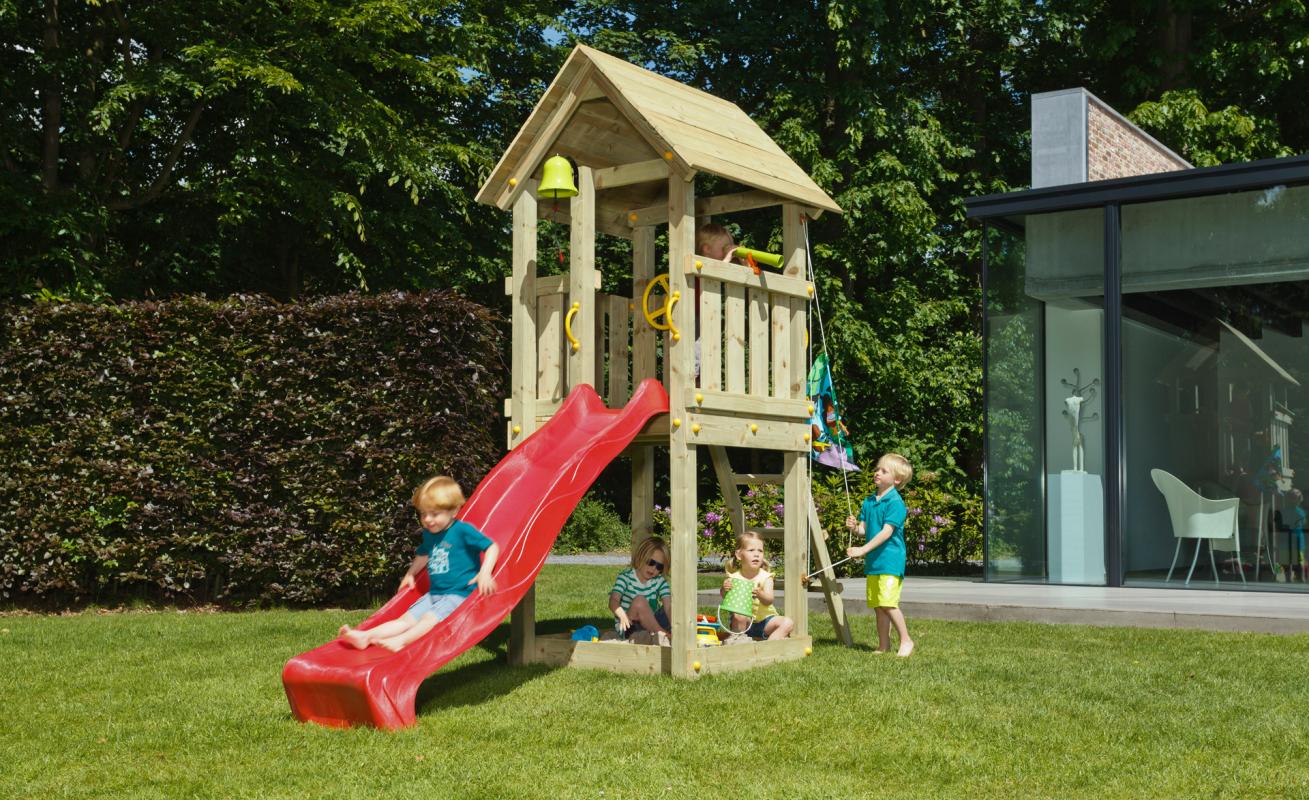 wooden blue rabbit playtower with boy on slide and hoisting flag