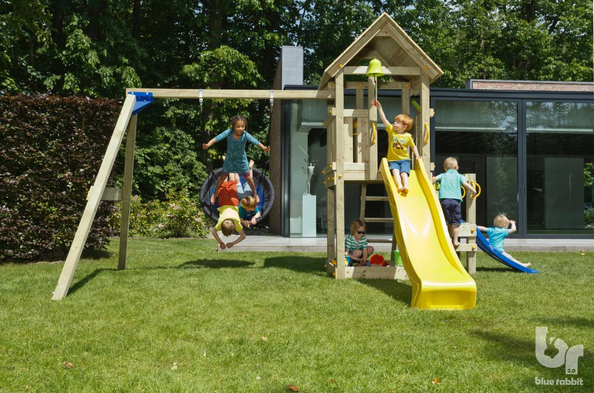 wooden blue rabbit playtower with yellow slide and addon swing