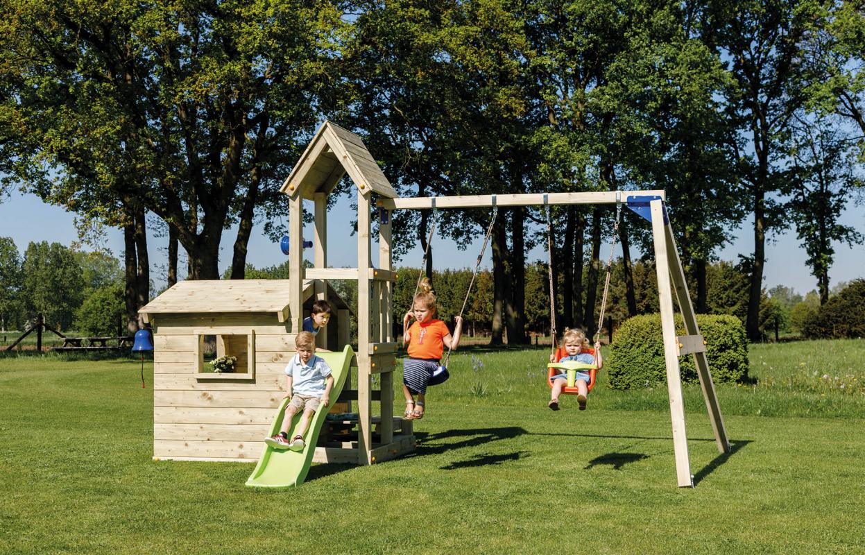 wooden blue rabbit playtower lookout with slide and swings