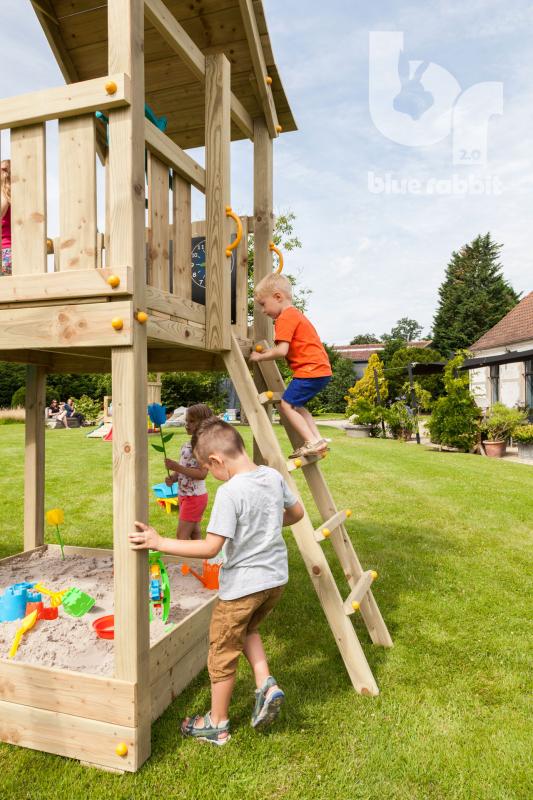 wooden blue rabbit playtower pagoda with boy climbing the ladder