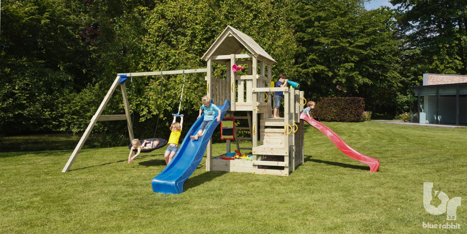 wooden blue rabbit playtower penthouse with blue and red slide