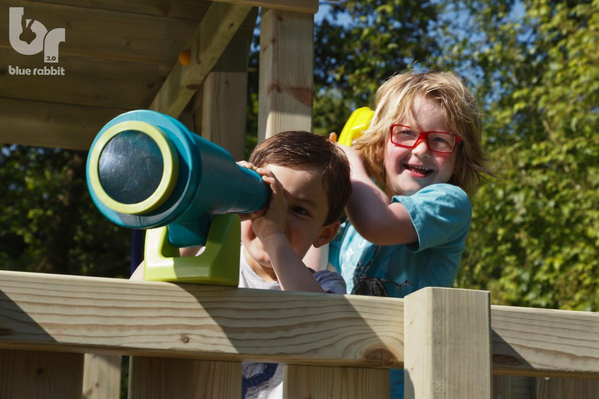 wooden blue rabbit playtower penthouse with girl with telephone and boy peeking in telescope