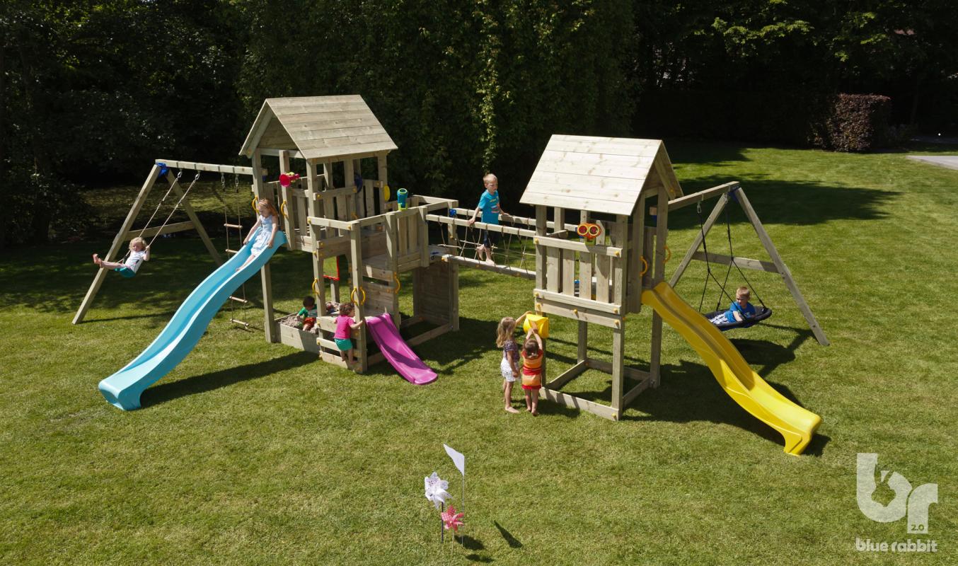 wooden blue rabbit playtower with connecting bridge, addon swings and slides