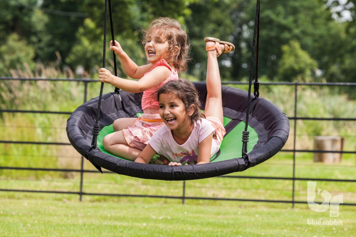 wooden blue rabbit free standing swing freeswing with girls on swibee nestswing